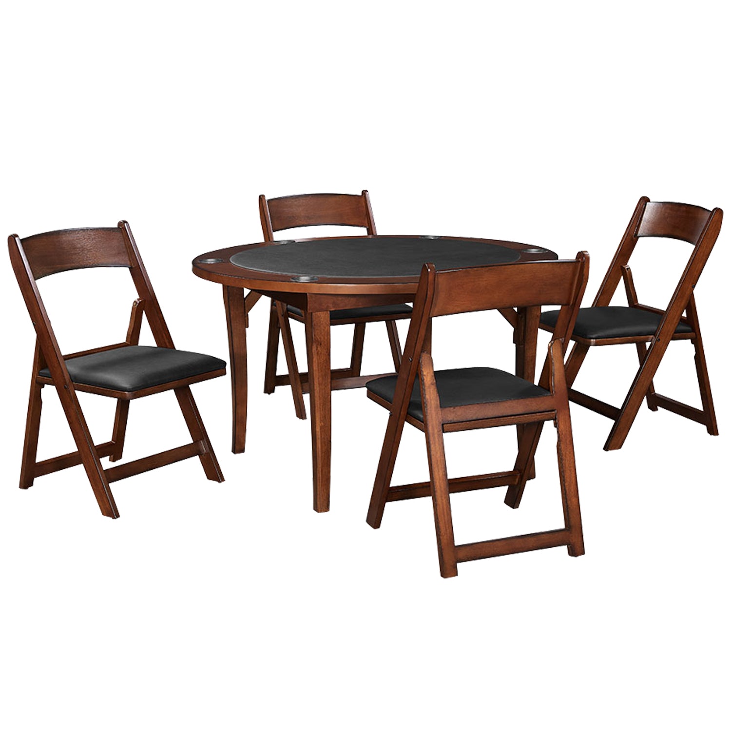 RAM Game Room 48" folding chestnut game table with four padded vinyl seat chairs.