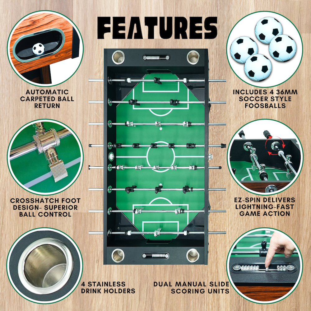 Foosball table with features highlighted on a wooden background