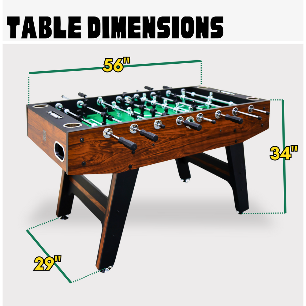 Foosball table with dimensions labeled on a white background