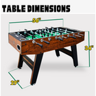 Foosball table with dimensions labeled on a white background