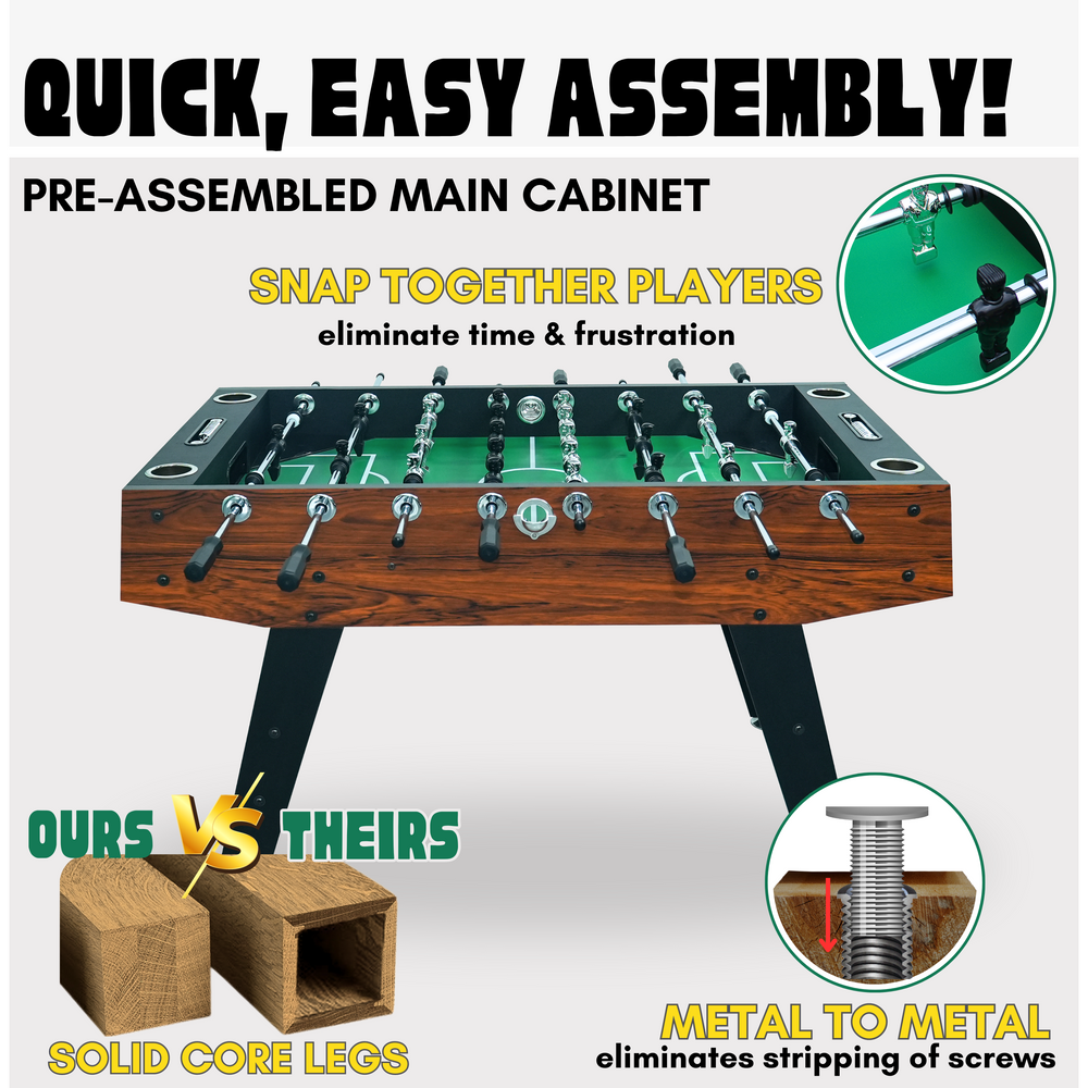 Foosball table with assembly instructions and features highlighted on a white background