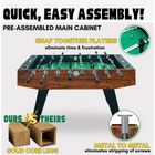 Foosball table with assembly instructions and features highlighted on a white background