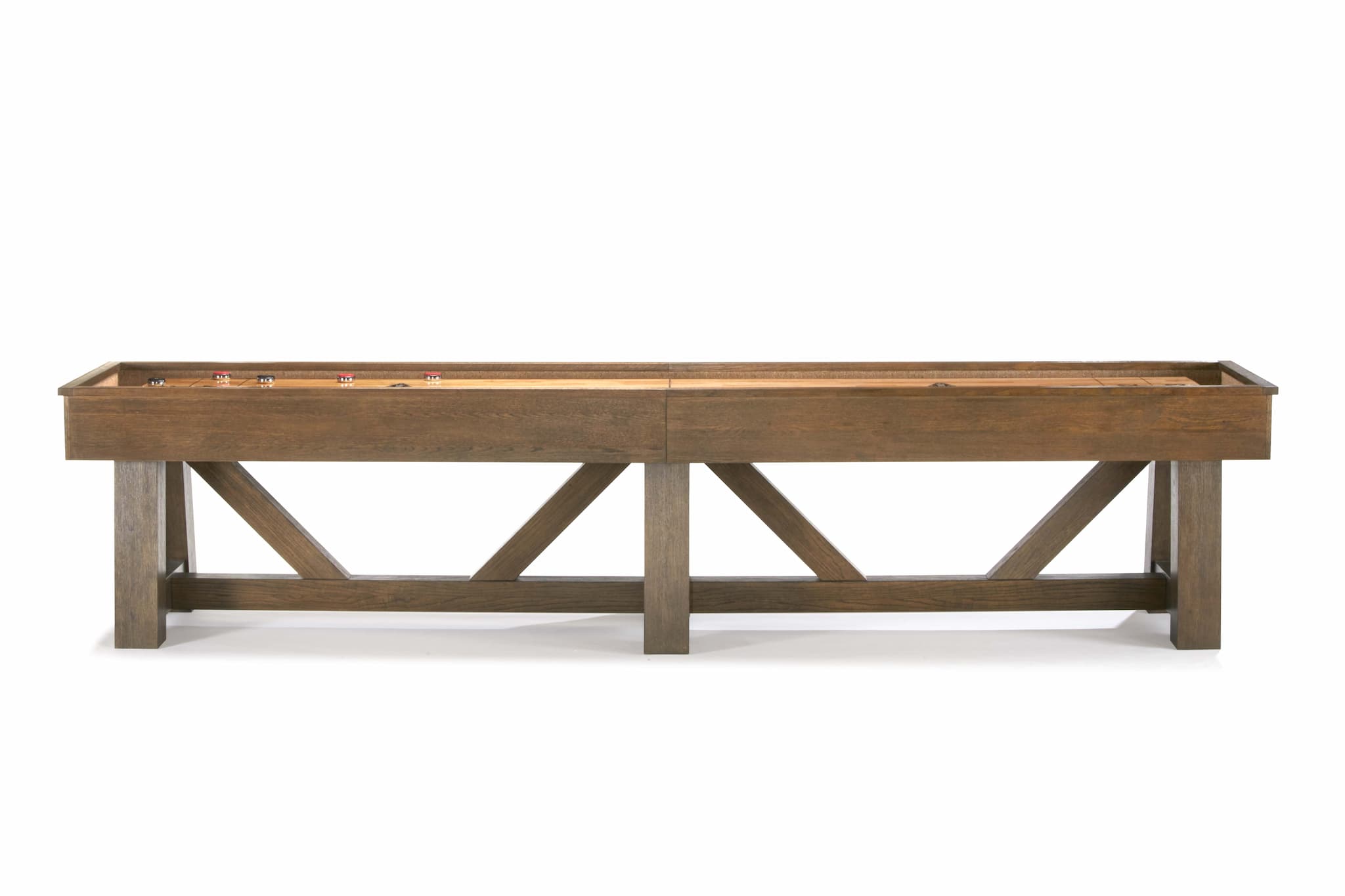 The Brunswick Billiards Botanic 12' Shuffleboard Table in Rustic Dark Brown shown with pucks.