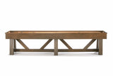 The Brunswick Billiards Botanic 12' Shuffleboard Table in Rustic Dark Brown shown with pucks.