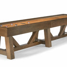 Brunswick Billiards Botanic 12' Shuffleboard Table in Rustic Dark Brown with pucks arranged.