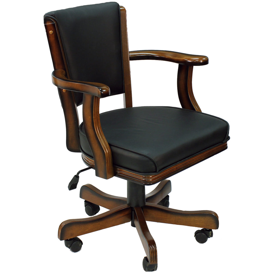 RAM Game Room Swivel Game Chair in chestnut with padded black seat and five caster wheels.
