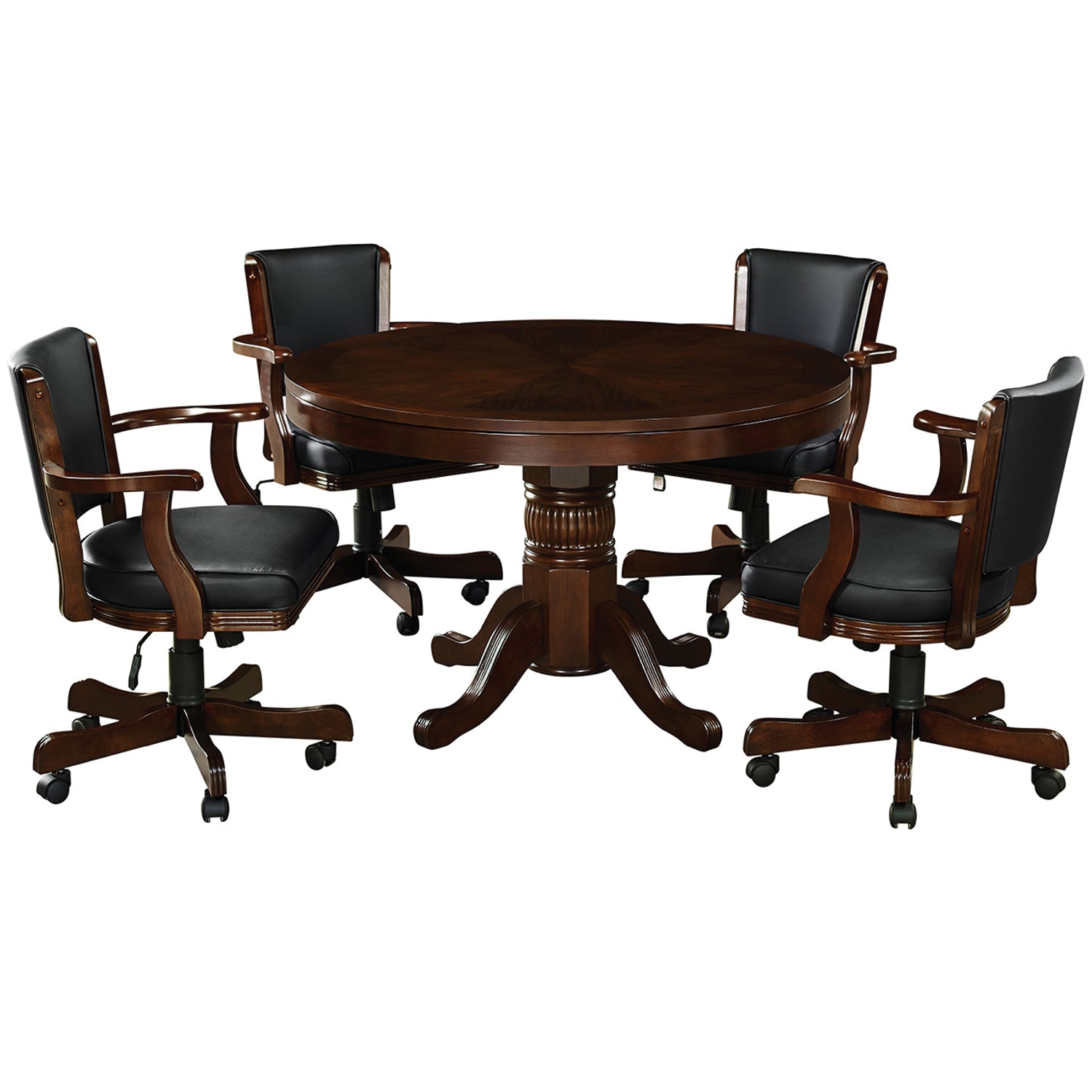 RAM Game Room 48" solid wood game table in cappuccino with four black cushioned caster chairs.