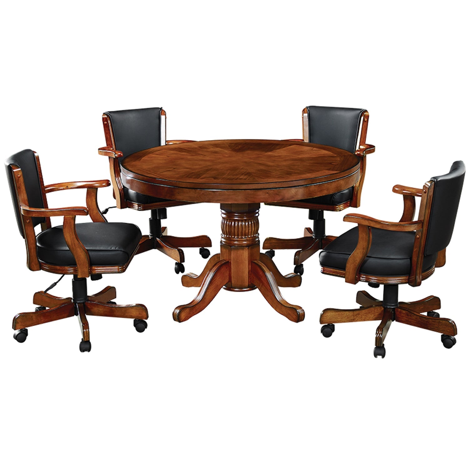 RAM Game Room 48" Chestnut game table with four black leather chairs on casters.