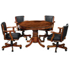 RAM Game Room 48" Chestnut game table with four black leather chairs on casters.