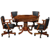 RAM Game Room 48" Chestnut game table with four black leather chairs on casters.