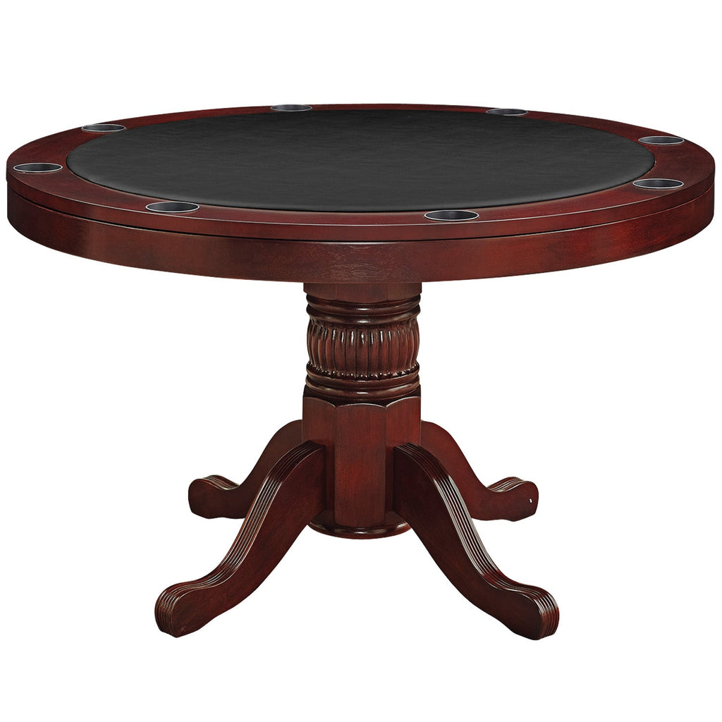 RAM Game Room 48" English Tudor table with padded surface, cup holders, and pedestal base.