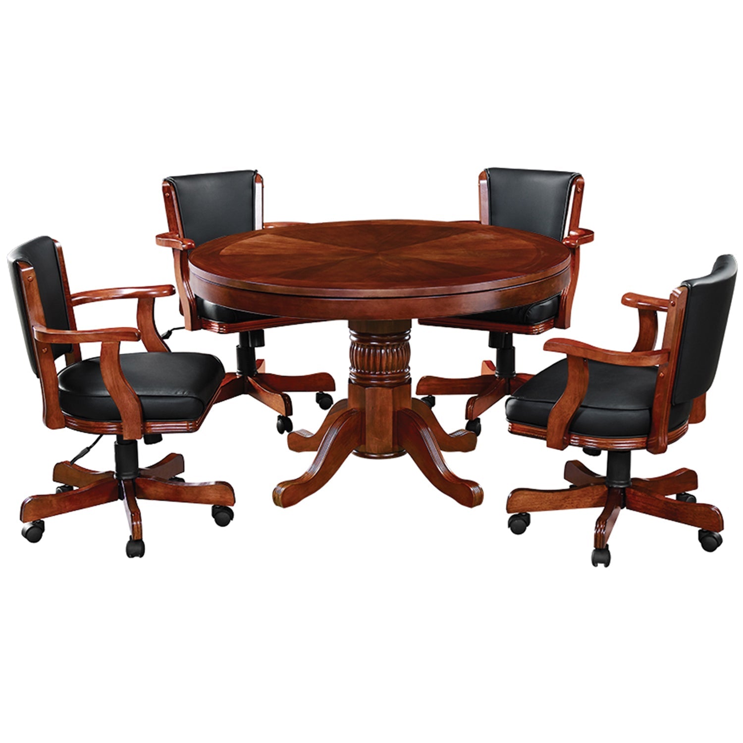 RAM Game Room 48" Game Table - English Tudor with four black cushioned chairs on casters.