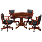 RAM Game Room 48" Game Table - English Tudor with four black cushioned chairs on casters.