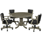 RAM Game Room 48" Slate Table with pedestal base and four black swivel padded vinyl chairs.