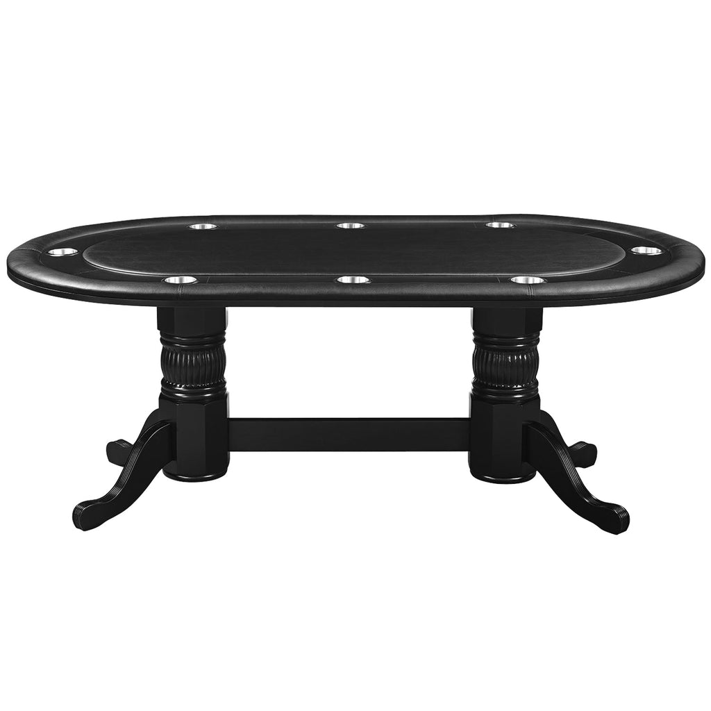 RAM Game Room 84" Texas Hold'em Table seats 8; black, oval, cup holders, pedestal legs.