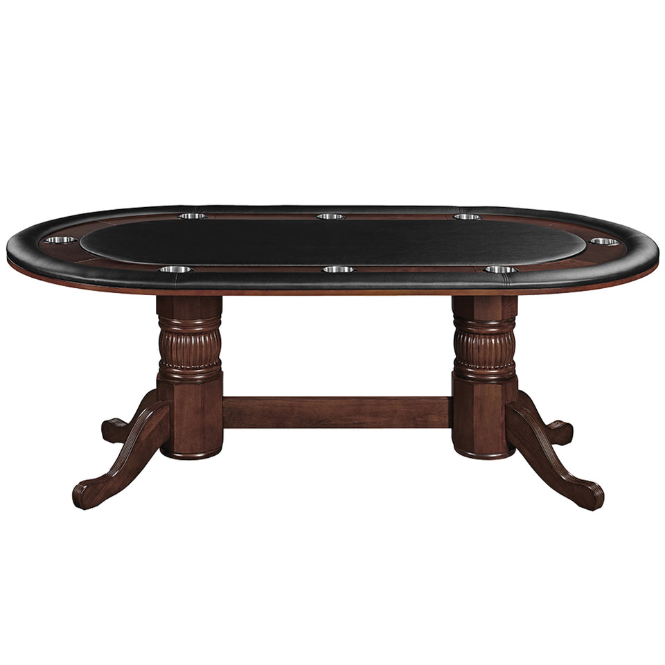 RAM Game Room 84" Texas Hold'em Table in cappuccino with black felt and cup holders.