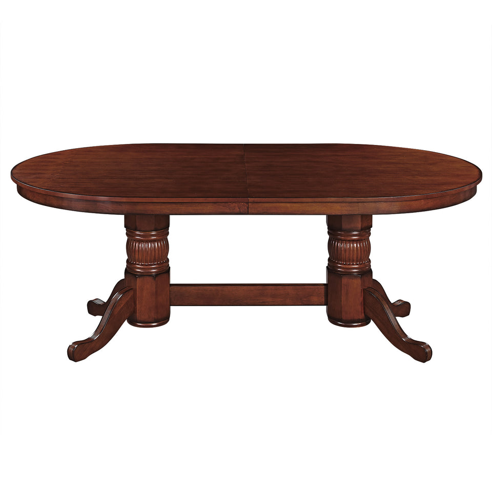 RAM Game Room 84" Texas Hold'em Table with dining top in chestnut finish, double pedestal base.