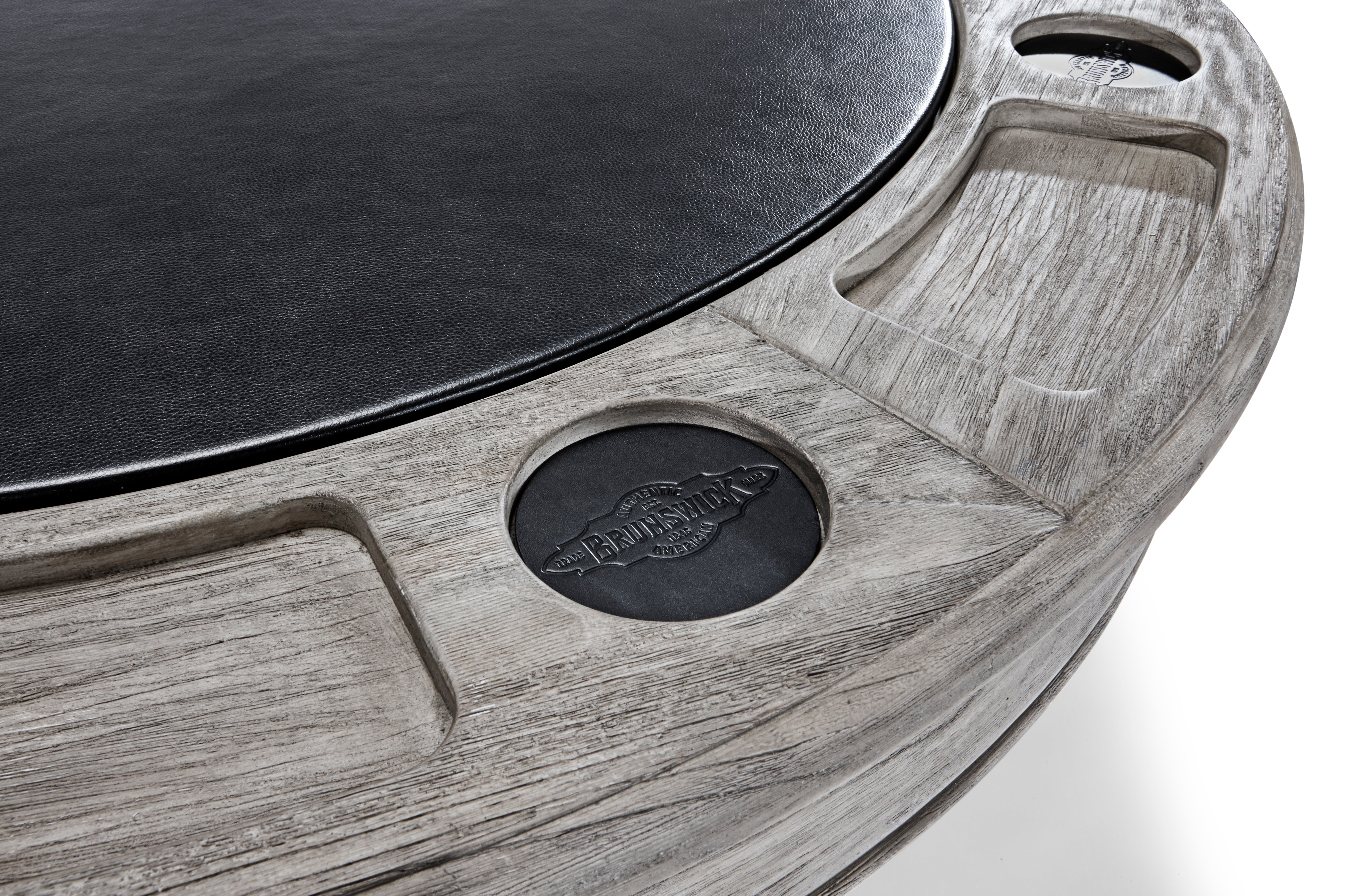 Brunswick Centennial Game Table in Rustic Grey with cup holders and spill-resistant surface.