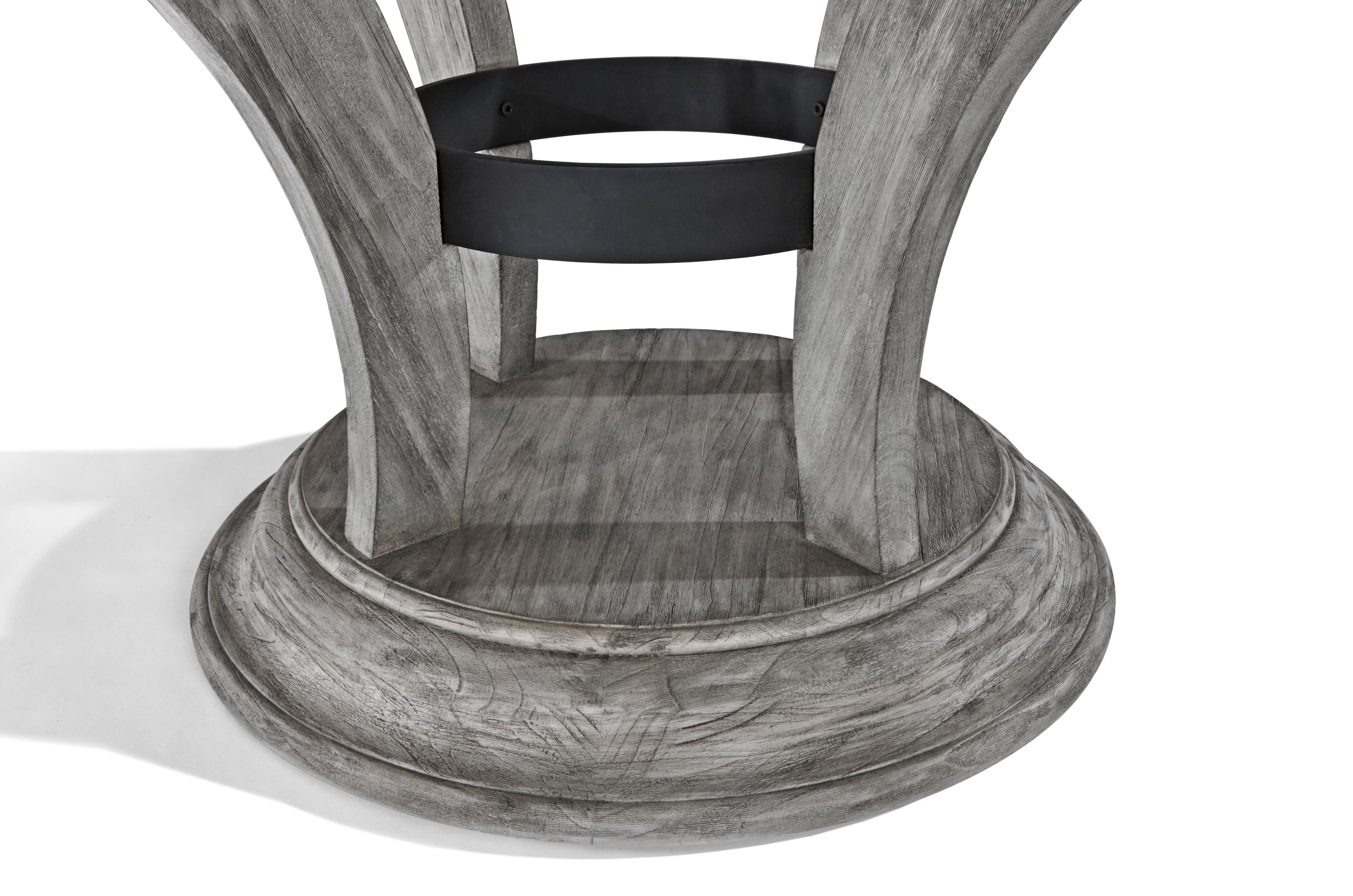 Brunswick Billiards Centennial Game Table in Rustic Grey with curved base and black metal ring.