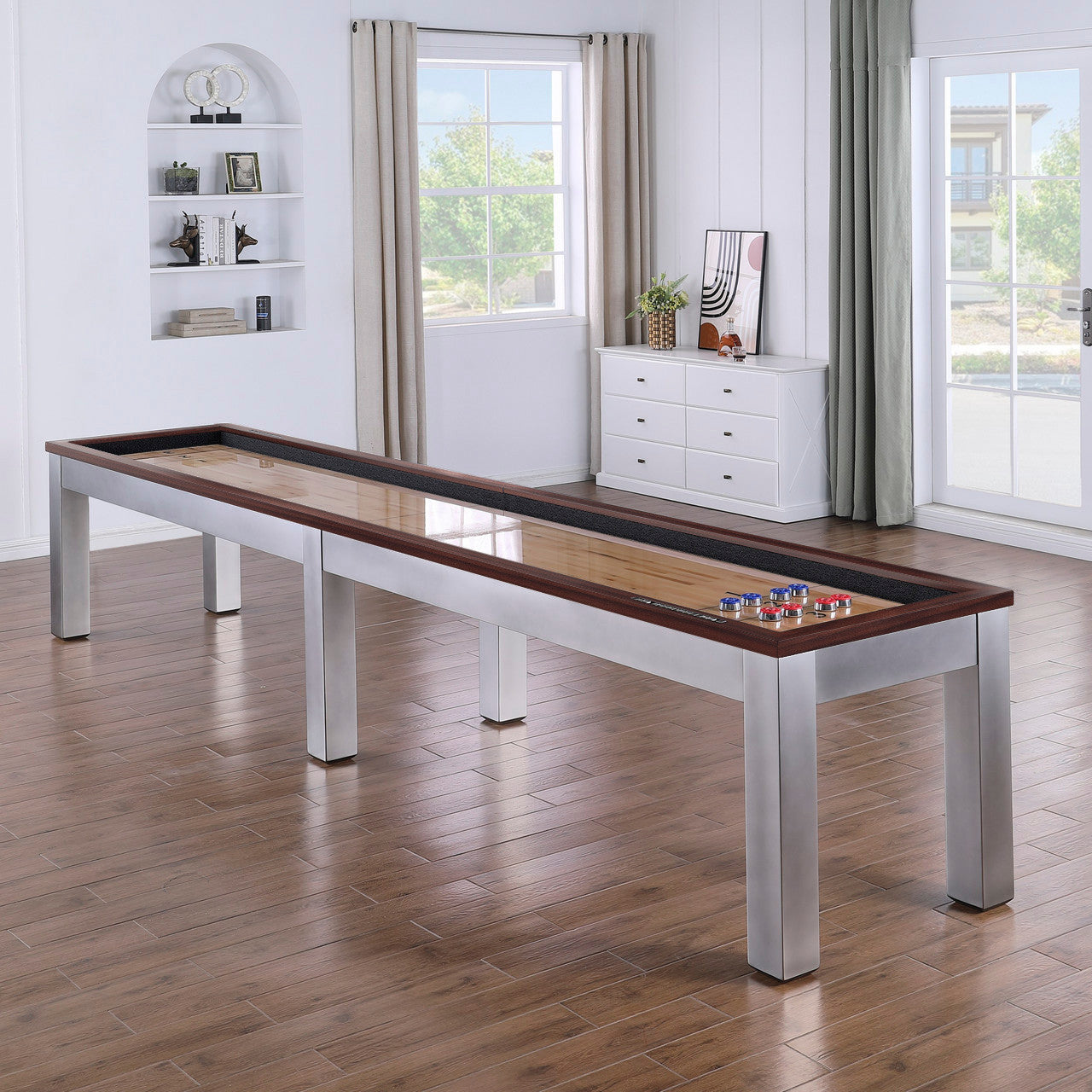 A Playcraft Genoa 16' Pro-Style Shuffleboard Table adds style to this modern game room.
