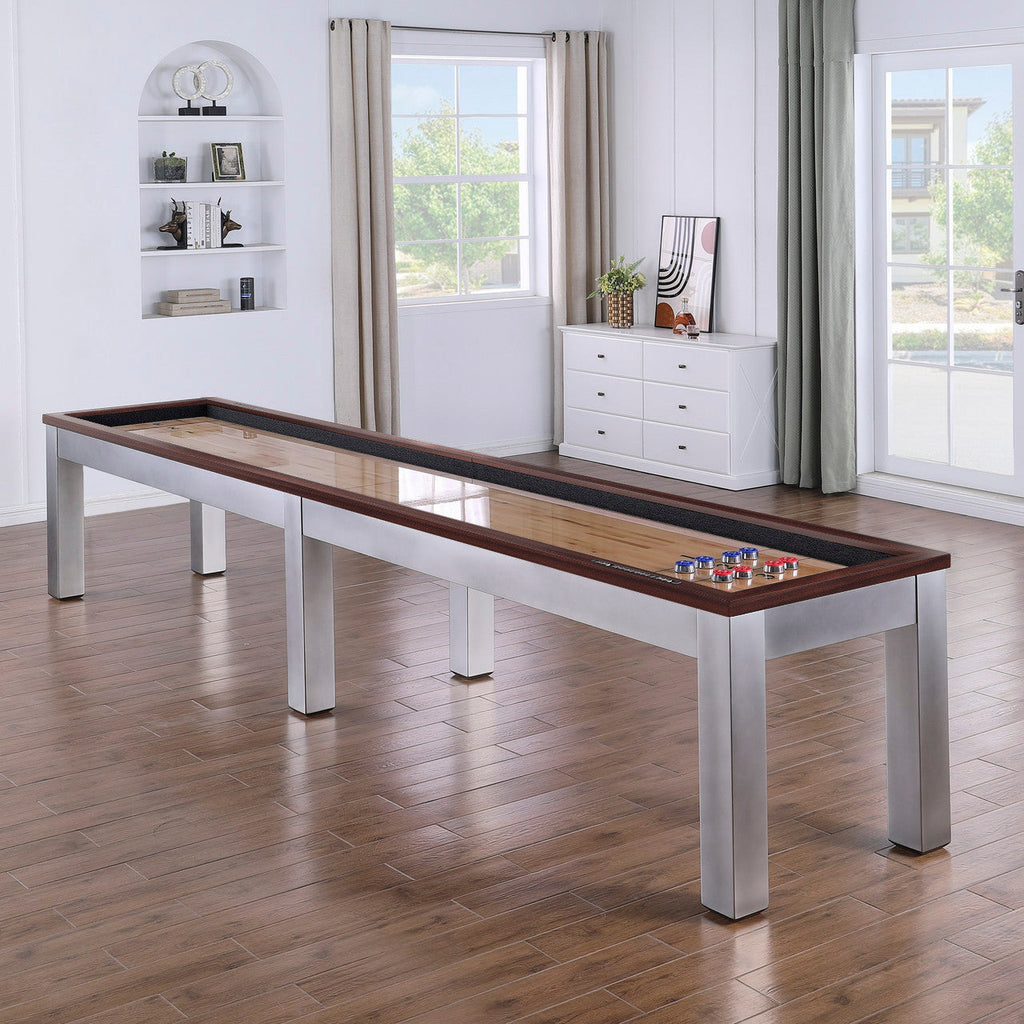 A Playcraft Genoa 16' Pro-Style Shuffleboard Table adds style to this modern game room.