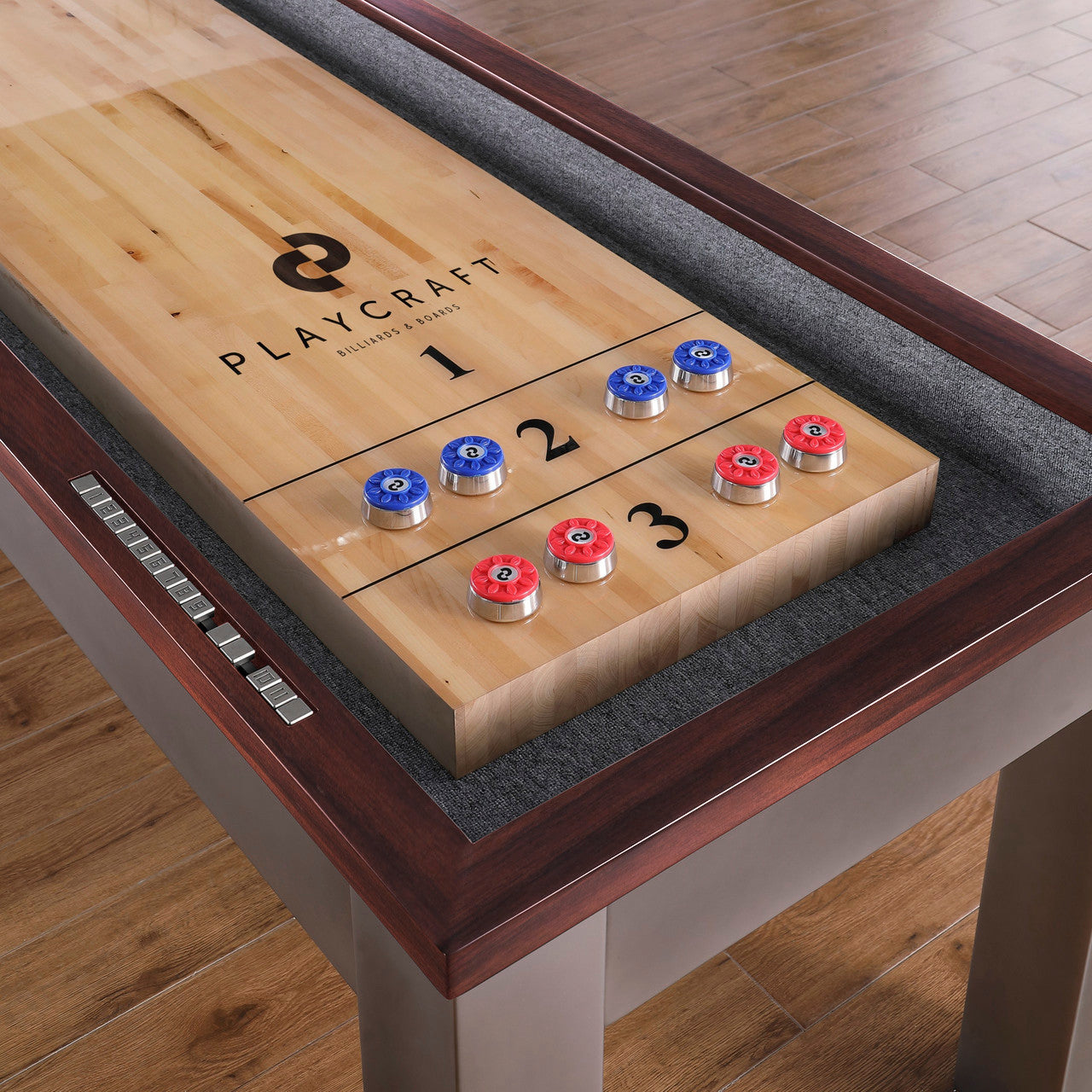 Playcraft Genoa 16' Shuffleboard Table with blue and red pucks—ideal for modern game rooms.