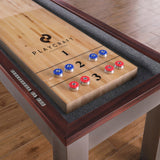 Playcraft Genoa 16' Shuffleboard Table with blue and red pucks—ideal for modern game rooms.