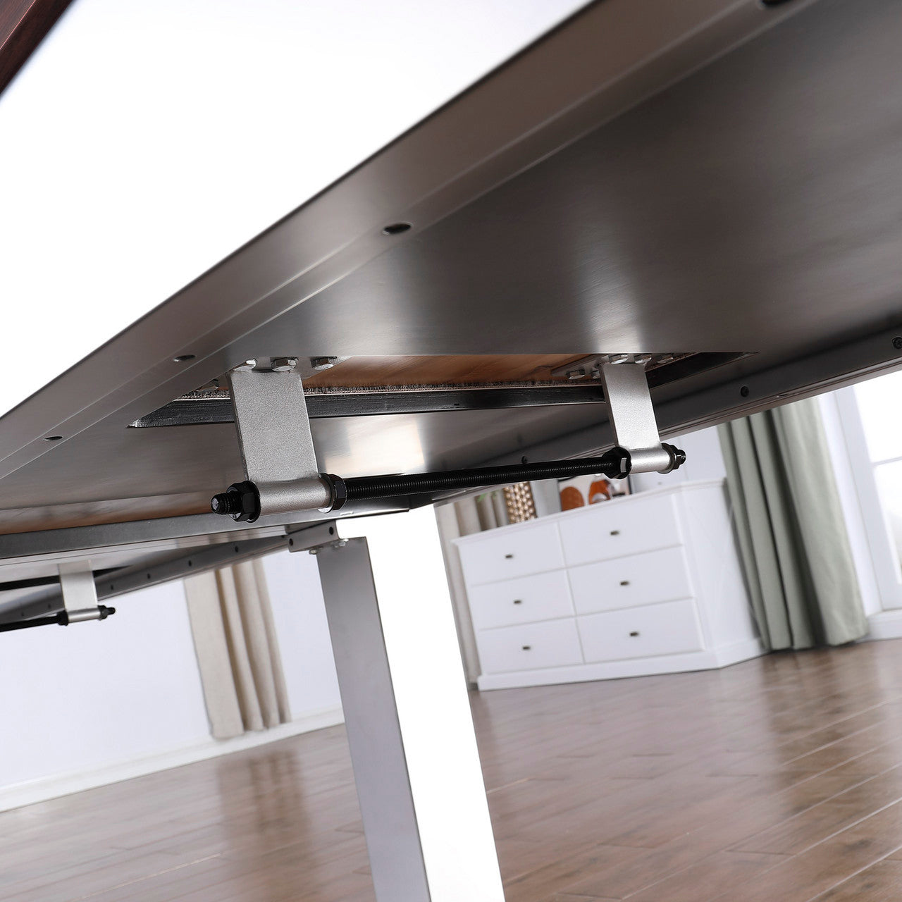 Underside view of Playcraft Genoa 16' Pro-Style Shuffleboard Table with metal extension.