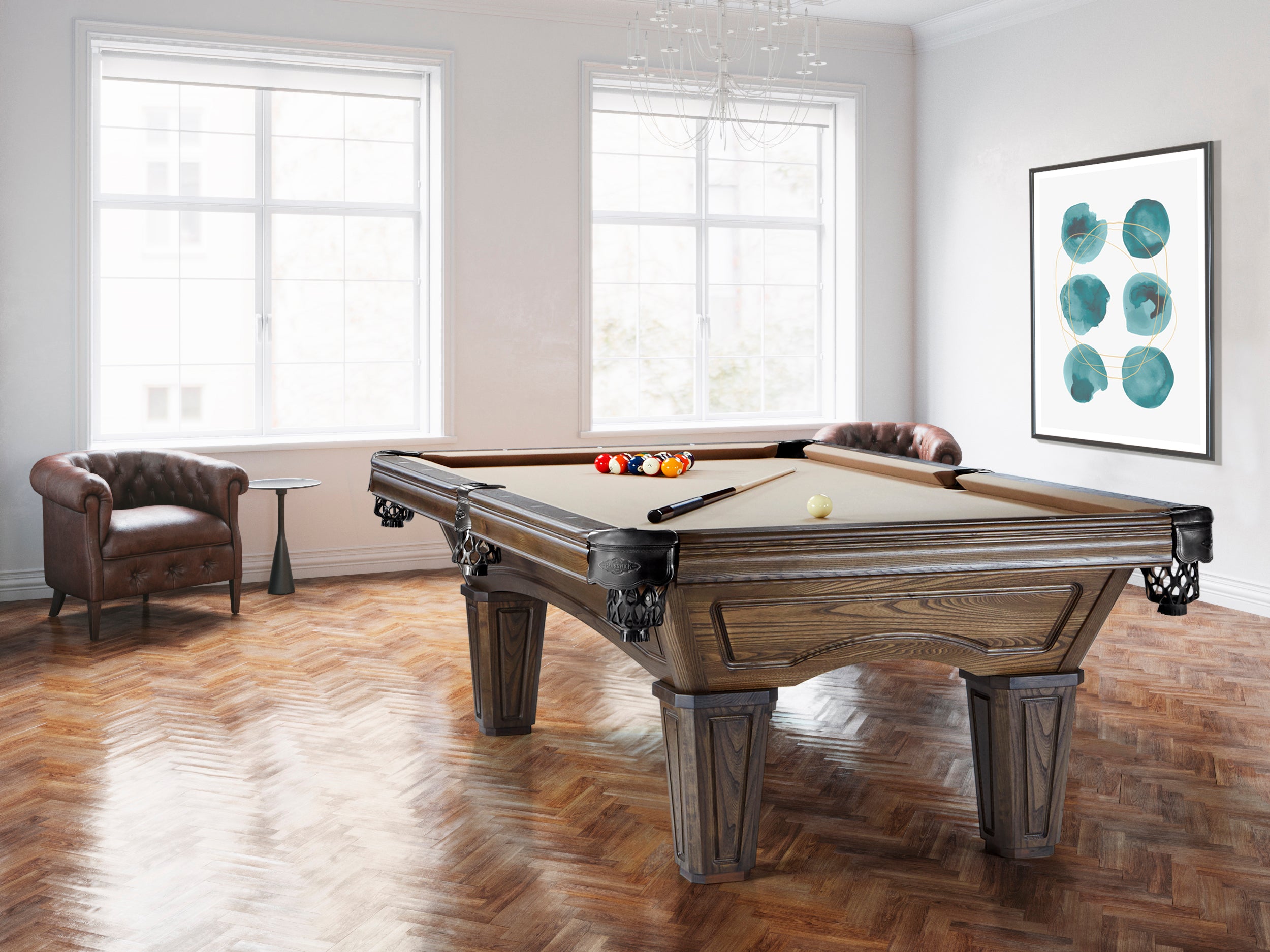 A Brunswick Billiards Glenwood 7' Slate Pool Table in Coffee sits in a bright, art-filled room.