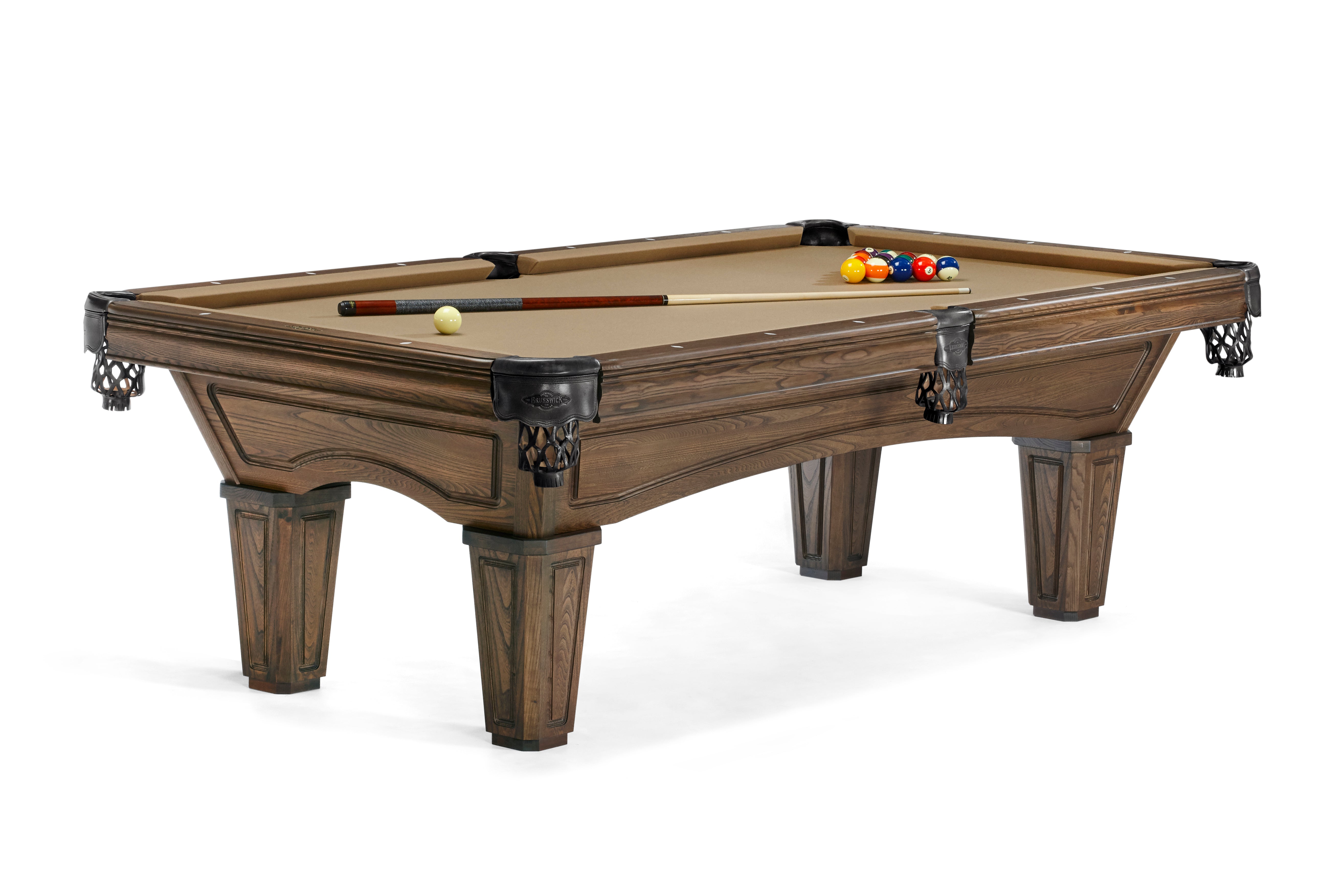 Brunswick Billiards Glenwood 7' Slate Pool Table in Coffee with cues, balls & chalk on top.