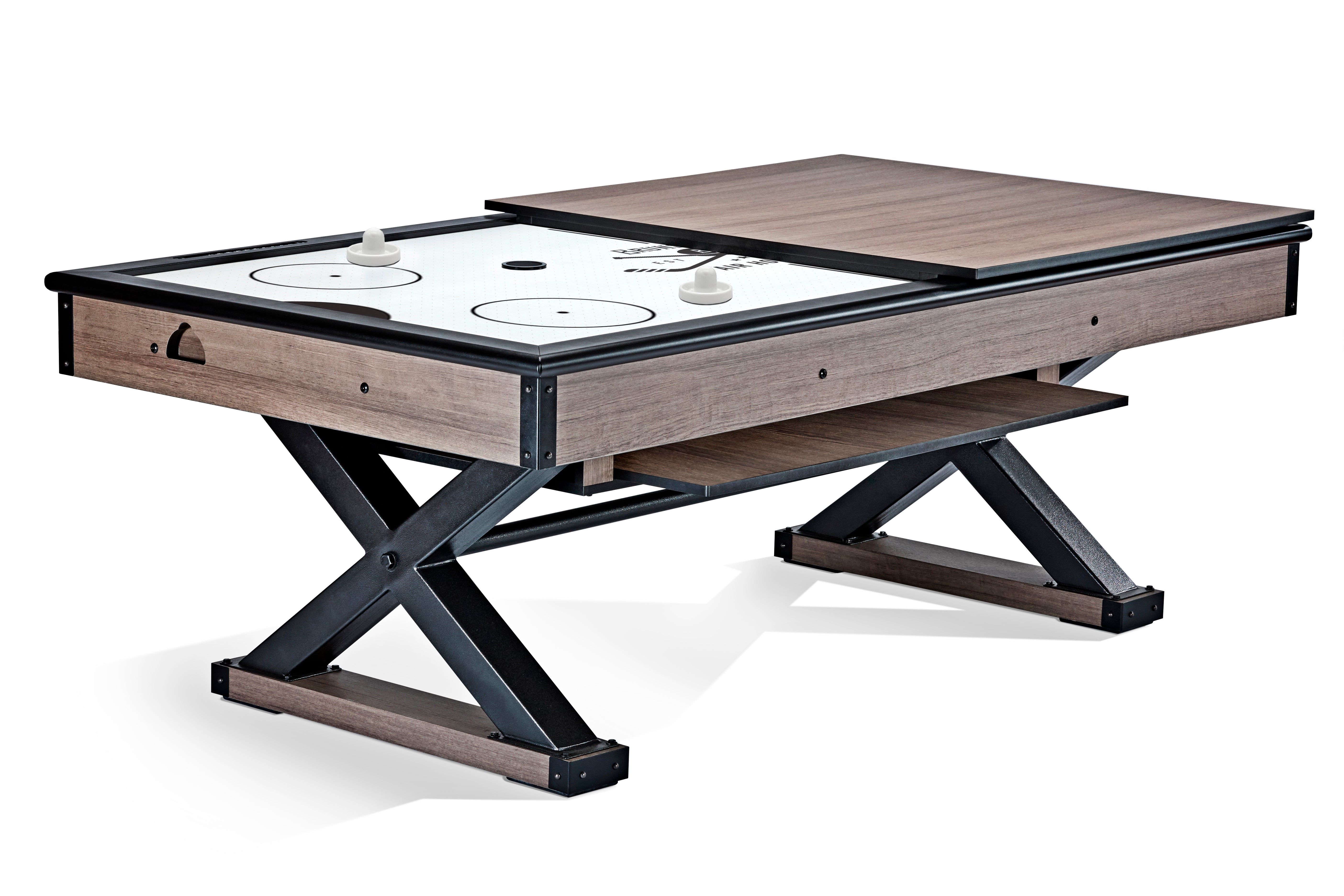 Brunswick Billiards Premier Air Hockey Table with dining top and X-shaped legs for versatility.