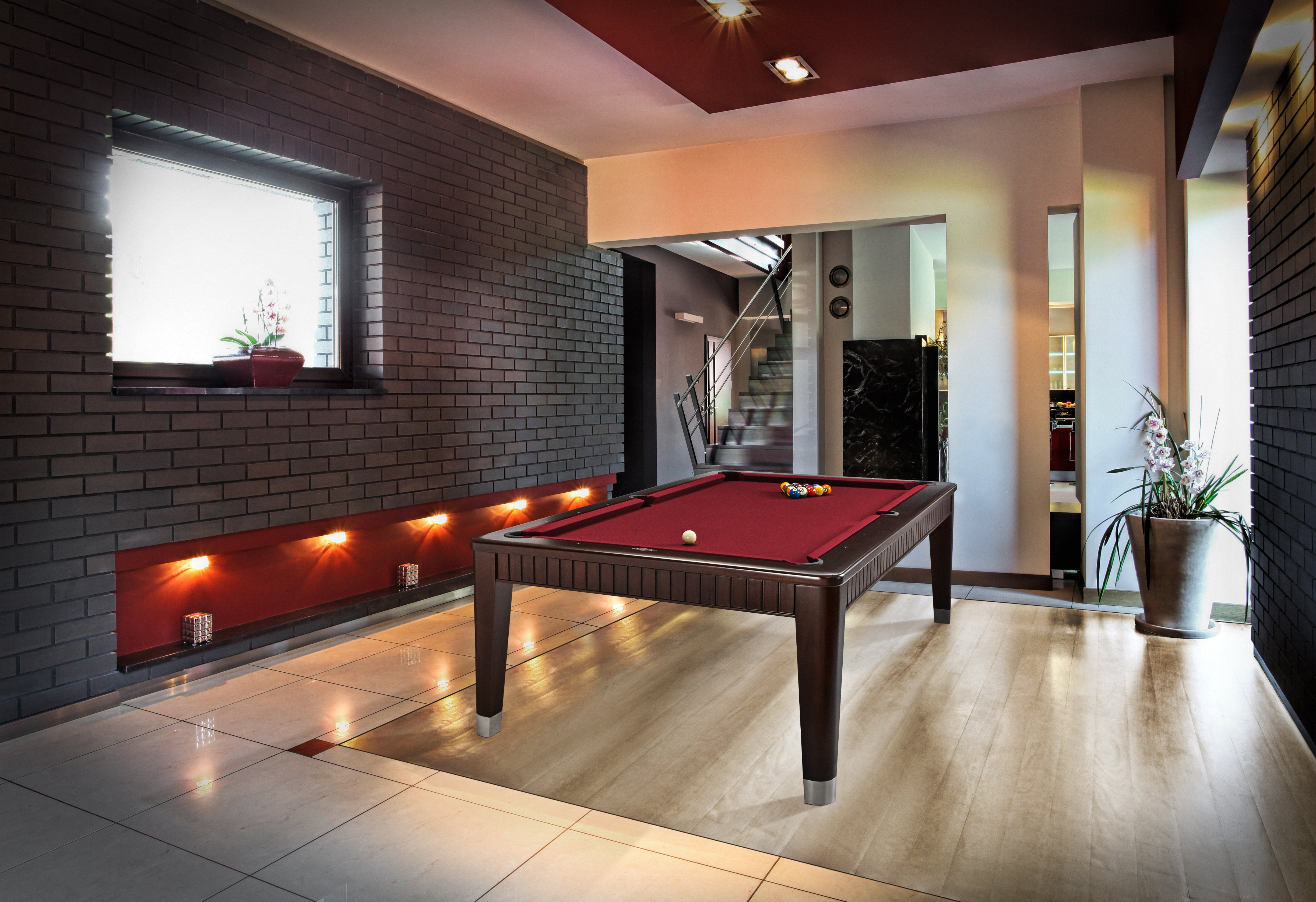 Modern room with Brunswick Billiards The Henderson 8' Slate Pool Table in Espresso, tiled floor.