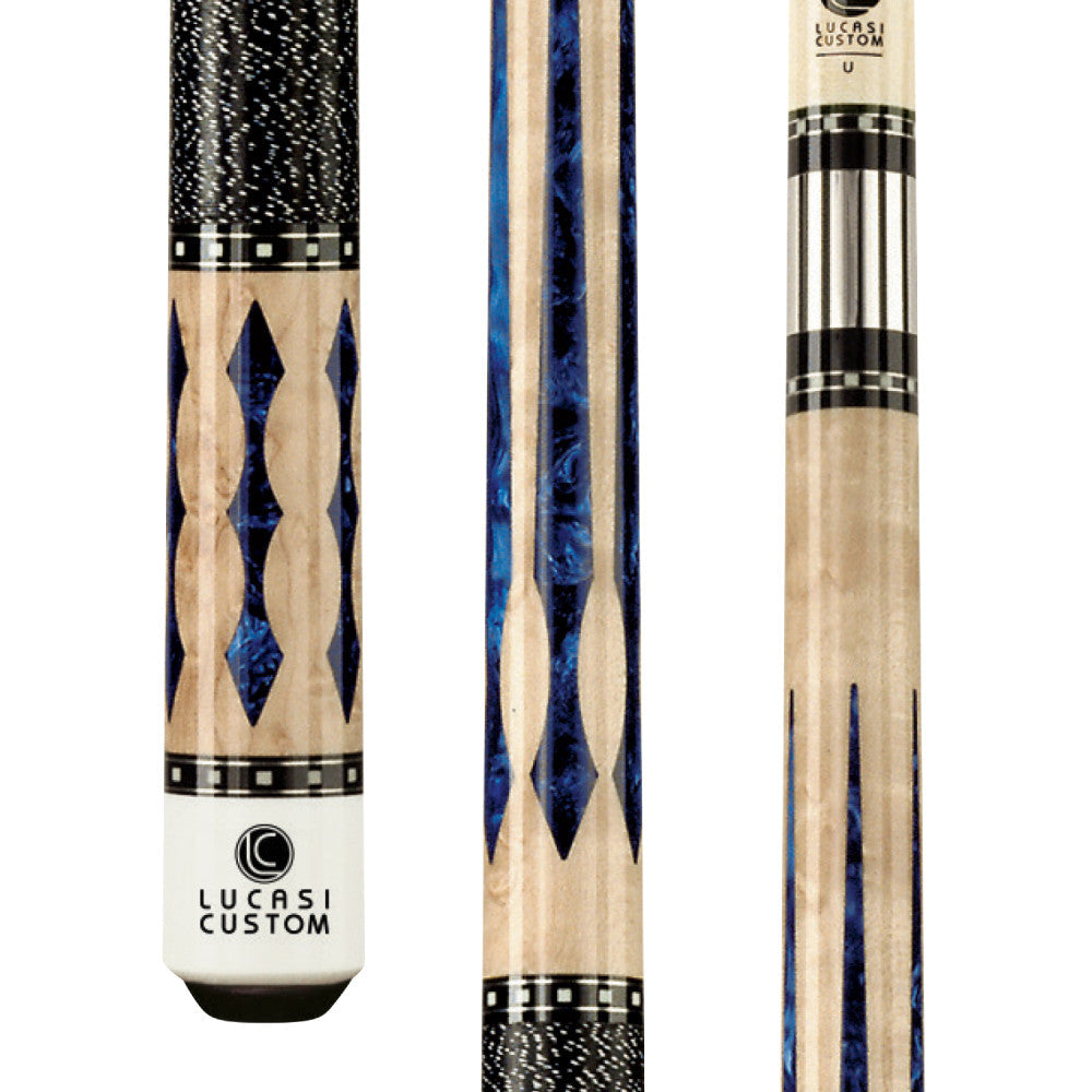 Lucasi Custom Natural Birdseye/Blue Luster Cue with black & white linen wrap shown close-up.