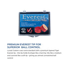 Lucasi Custom Natural Birdseye/Blue Luster cue with red Everest tips shown in front.