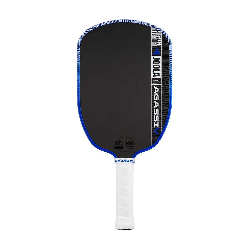 Pickleball paddle with black face, blue rim, and white handle on a white background