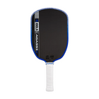 Pickleball paddle with black face, blue rim, and white handle on a white background