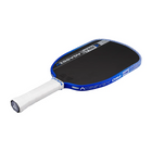 Pickleball paddle with blue rim and white handle on a white background