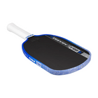 Pickleball paddle with blue and white design on a white background