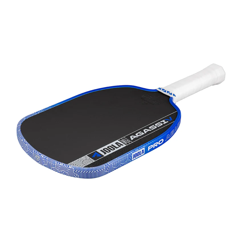 Paddle with blue and black design on a white background