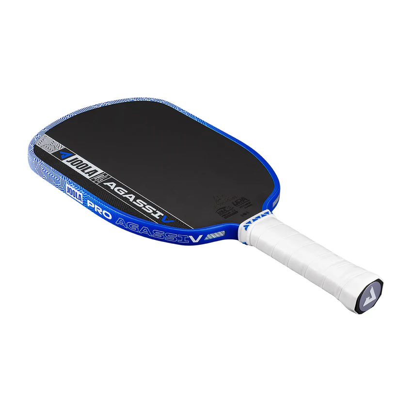 Pickleball paddle with blue and white design on a white background