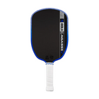 Pickleball paddle with black face, blue rim, and white handle on a white background