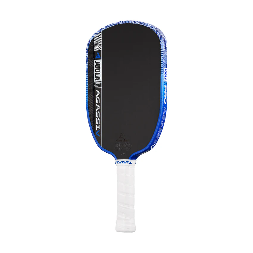 Pickleball paddle with blue and black design on a white background