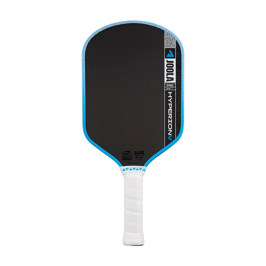 Pickleball paddle with black surface, blue edges, and white handle on a white background