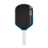 Pickleball paddle with black surface, blue edges, and white handle on a white background