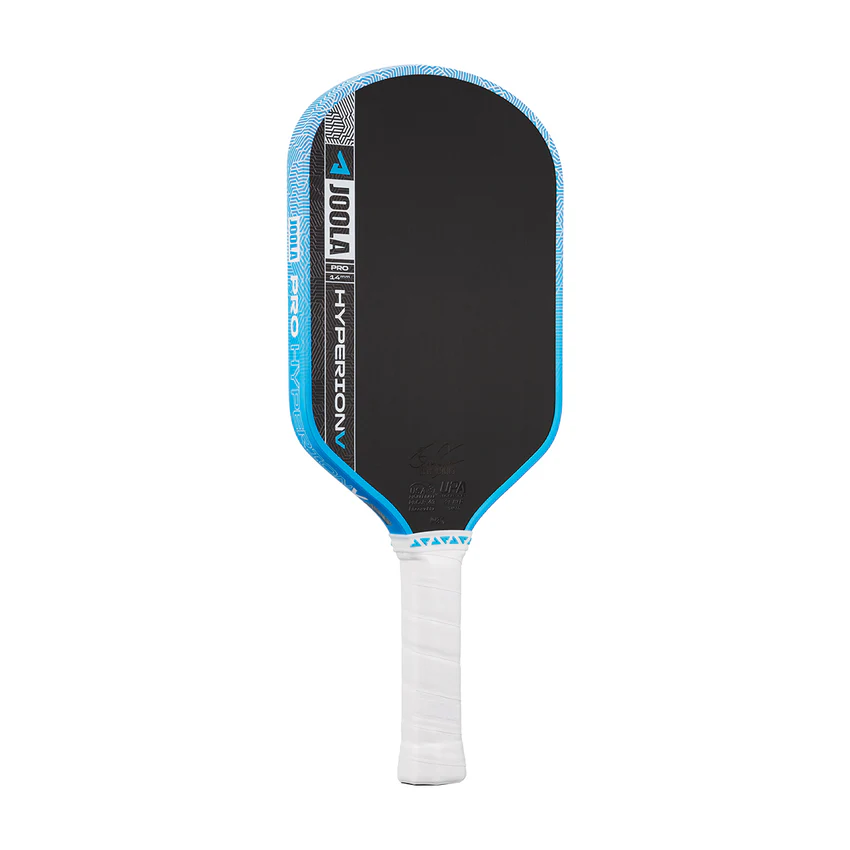 Pickleball paddle with black surface, blue rim, and white handle on a white background