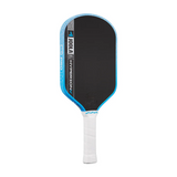 Pickleball paddle with black surface, blue rim, and white handle on a white background