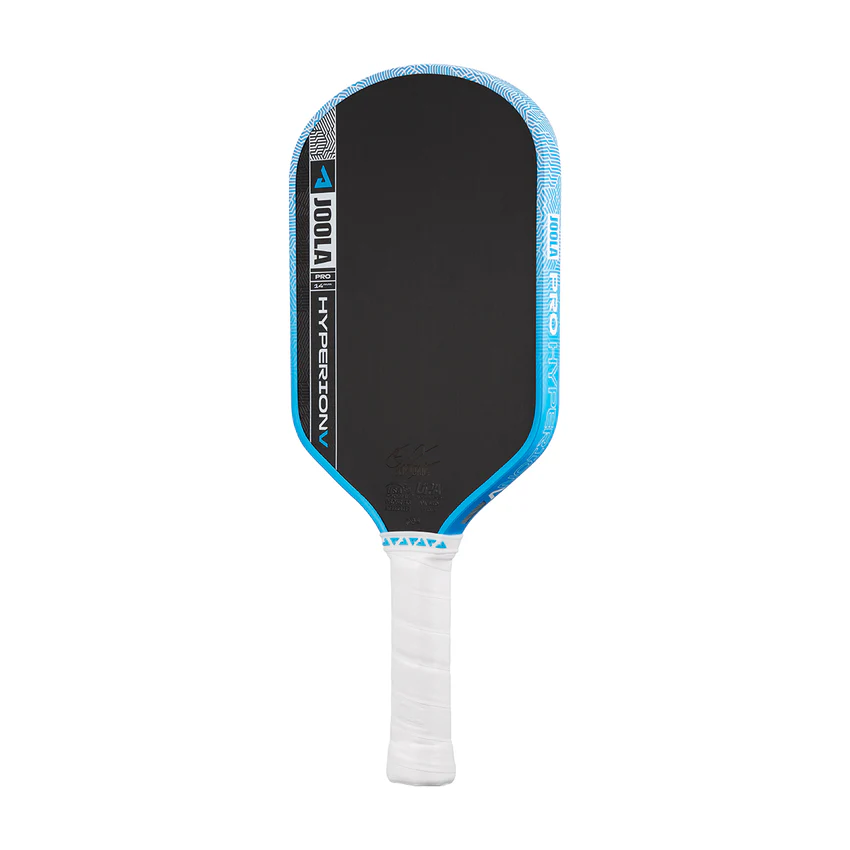 Pickleball paddle with black face, blue rim, and white handle on a white background