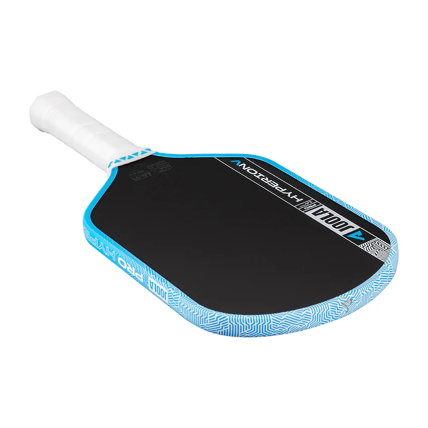 Pickleball paddle with blue and black design on a white background