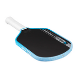 Pickleball paddle with blue and black design on a white background