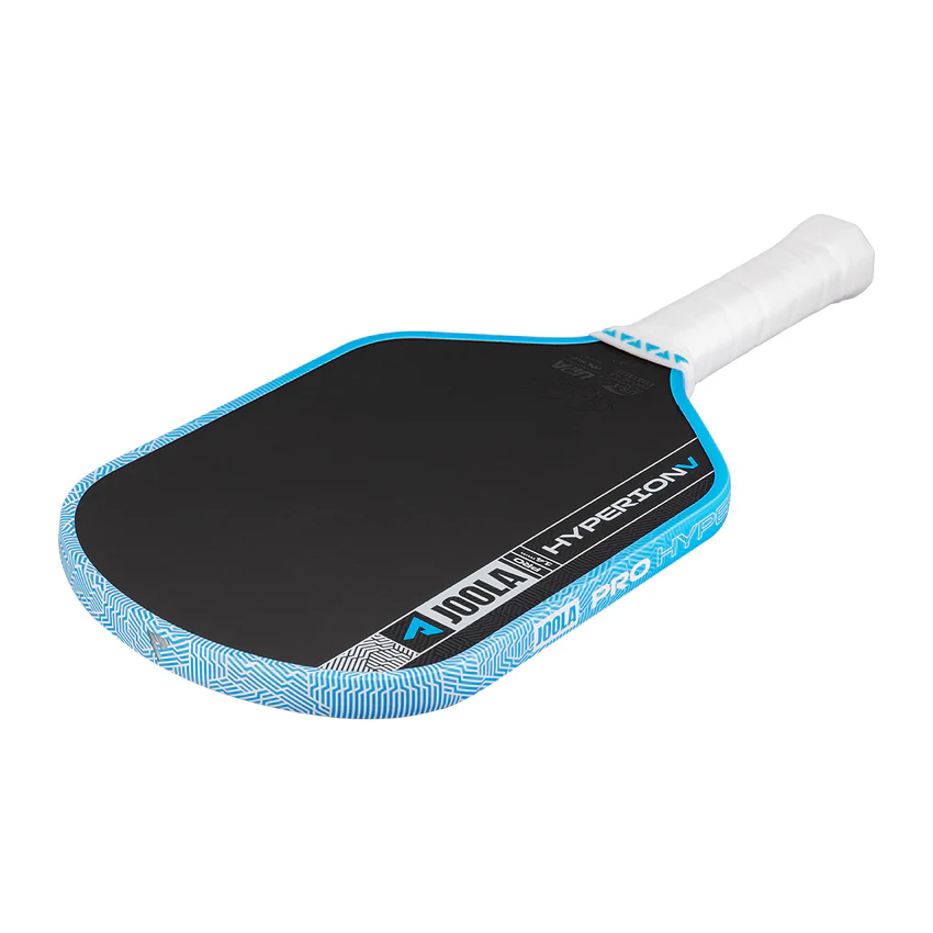 Pickleball paddle with blue and black design on a white background